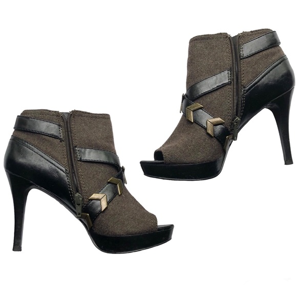 NINE WEST olive green boots peep toe ankle stiletto heels straps gold buckle 6.5 - Picture 4 of 12